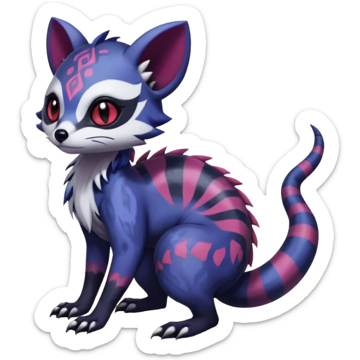 Rare warm-colored exotic gloomy tropical edgy cute epic aesthetic spooky indigo purple white black red gothic colorful Salandit-Furret-Espurr-Meowstic-Civet-species-Fakemon-hybrid-creature, with tribal tattoo markings, full body sticker