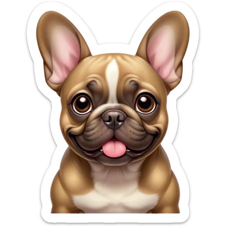 Cinematic Comical Fawn French Bulldog Portrait Emoji, Head tilted dramatically with an exaggeratedly amused expression, featuring a striking fawn coat with a subtle brindle pattern, wide, expressive dark eyes filled with playful disbelief, Simplified yet hilariously expressive features, highly detailed, glowing with a slightly sassy glow, high shine, dramatic yet playful, stylized with an air of cheeky charm, bright and endearing, soft glowing outline, capturing the essence of a spirited and over-the-top companion, so meme-worthy it feels like it could side-eye its way into internet fame instantly! sticker