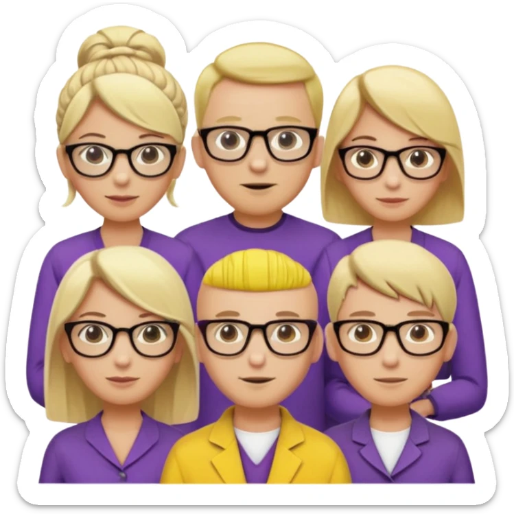 FIVE person team; 2 men and 3 women.  All dressed in yellow or purple.  2 caucasian women have blonde and 1 has ash blonde hair tied up.  1 man is black and bald, 1 man is caucasian and very little hair left.  All have glasses sticker