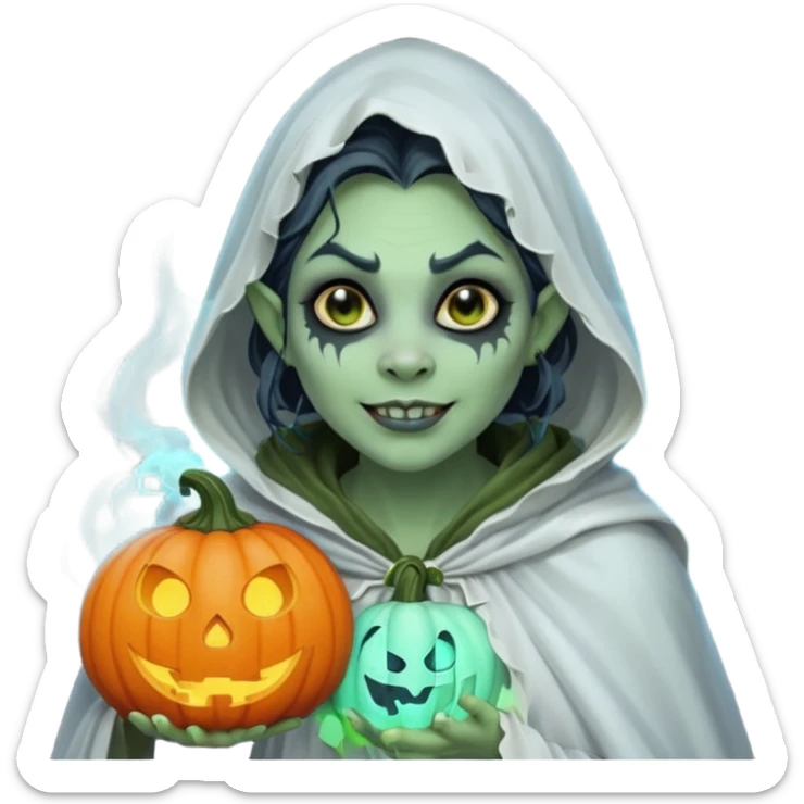 female orc ghost emoji, green skin, tusks, gentle smile, wearing flowing white ghost cloak with black eye holes, holding pumpkin lantern, faint glowing blue mist, Halloween fantasy, smooth Apple emoji style, white background, square sticker