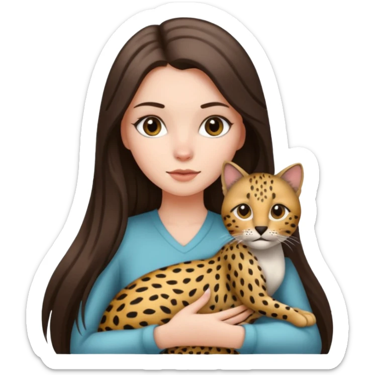 a white girl with brunette long straight hair holding a grey cat. the grey cat has black lines and cheeta prints in its fur. sticker