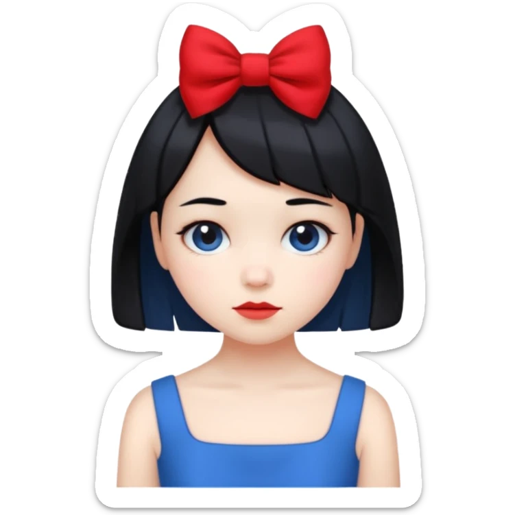 girl with white skin, short black hair, red bow, wearing a blue dress, cute and simple sticker