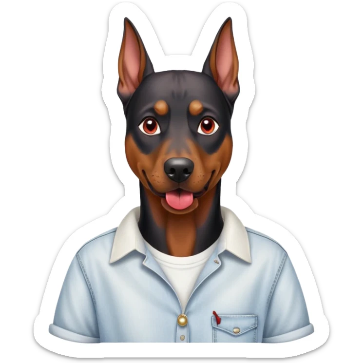 Generate a emoji of a big evil doberman dog with red eyes and a tongue sticking out, give the doberman a human body with a white shirt and baggy jeans, make the doberman have piercings sticker