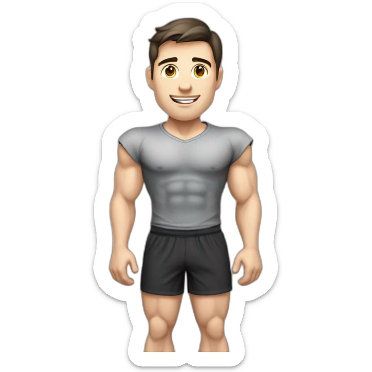 Pale skinned Fit Man With the biceps and dark brown hair in gray shirt, black sports shorts and white Sneakers Writing text on the flipchart sticker