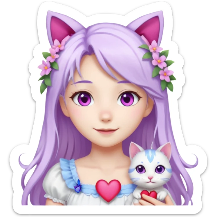 female anime character with pink eyes long white hair periwinkle highlights and cat ears on her head. She is wearing a white dress with purple flowers and butterfly. holding a heart sticker