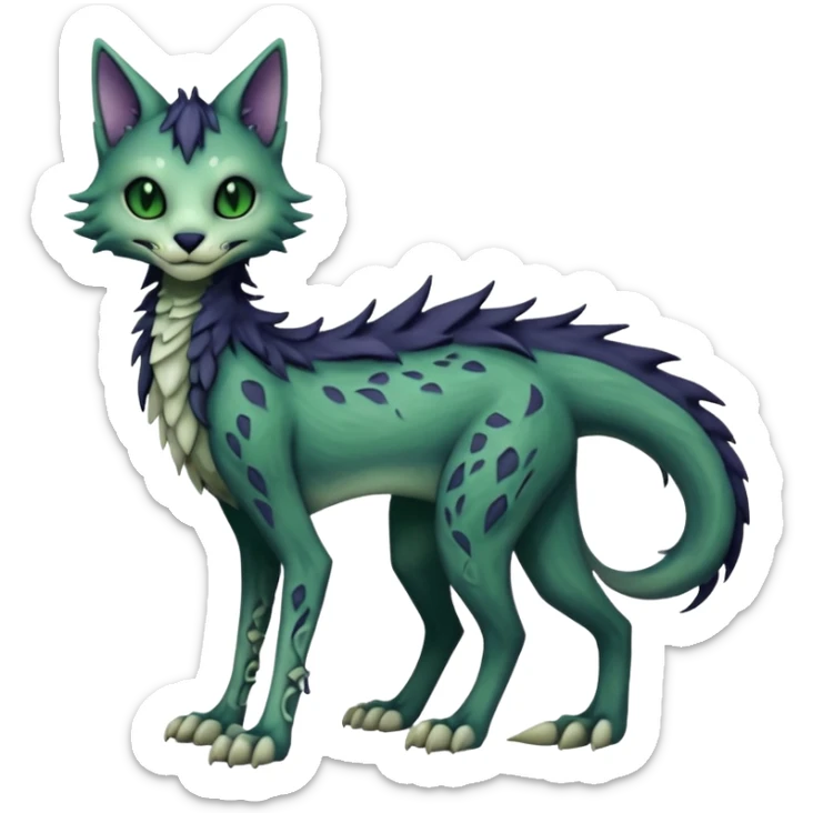 Kawaii spooky dark bleak blackish swampy white-skeletal gloomy ghostly dark greyish dark-deep-greenish foggy eldritch beautiful realistic edgy fantasy ghoul-like stitched feline-vernid-sergal-fursona animal creature with a tufted tail full body with intricate markings  sticker