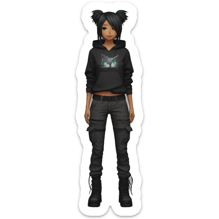 Edgy anthro beautiful pretty anime punk tomboy with cat ears techwear cargo pants hoodie sticker