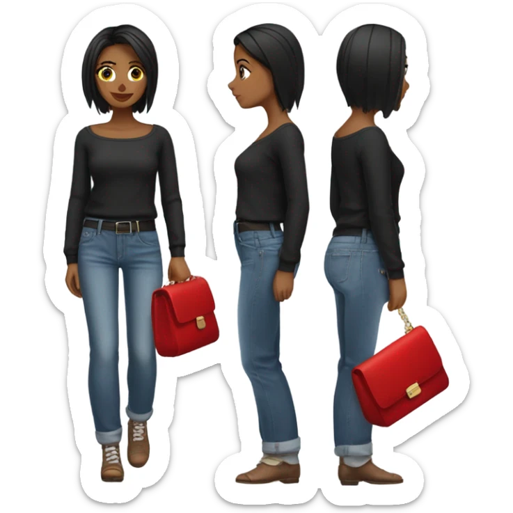 Stylish brunette girl with low rise baggy jeans white square neck top black sweater and red purse  sticker