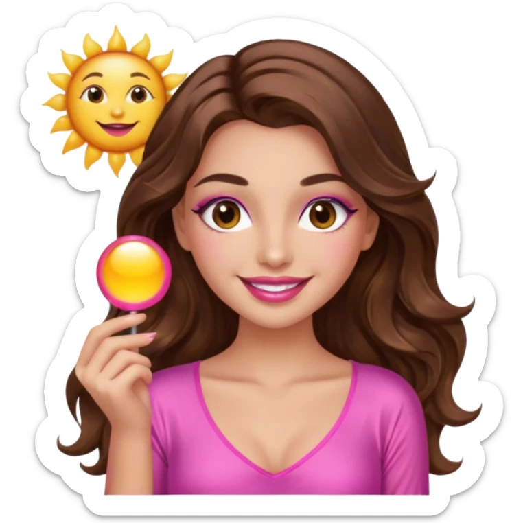 girl with long wavy brown hair, brown eyes, long lashes makeup, sexy pink lips, smiling, light to medium complexion, wearing a pink sexy silk top, holding the sun icon  sticker