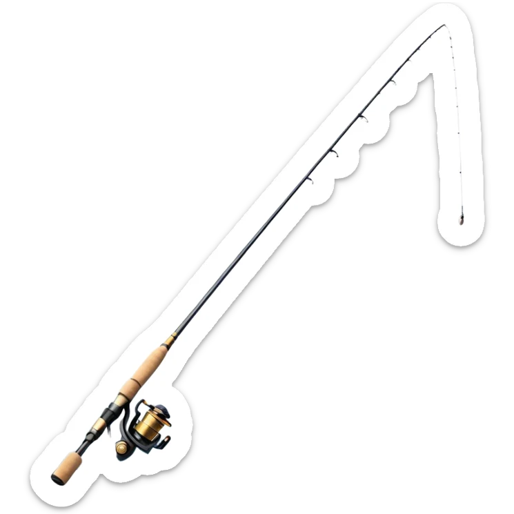 Cinematic Realistic Fishing Rod, sleek graphite rod with a smooth, polished reel, thin line disappearing into a shimmering lake, warm golden sunlight reflecting off the water, glowing with a tranquil and adventurous aura. sticker