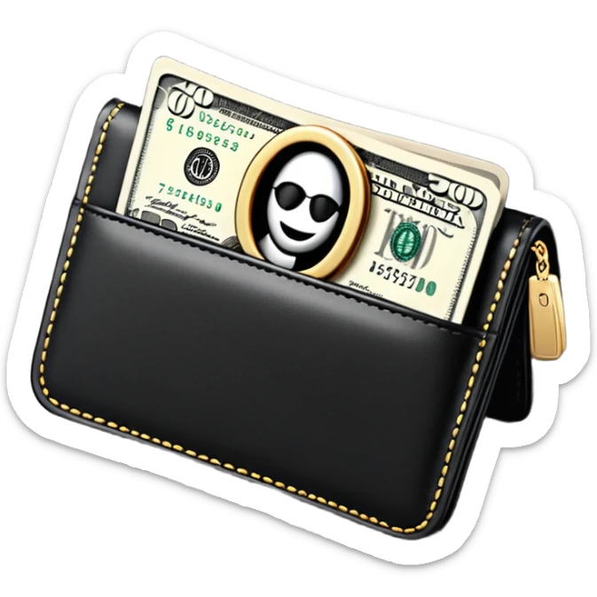 Rich emoji style black leather wallet with dollar bills, luxury money vibe, premium 3D emoji, ultra clean, high detail, no background
 sticker