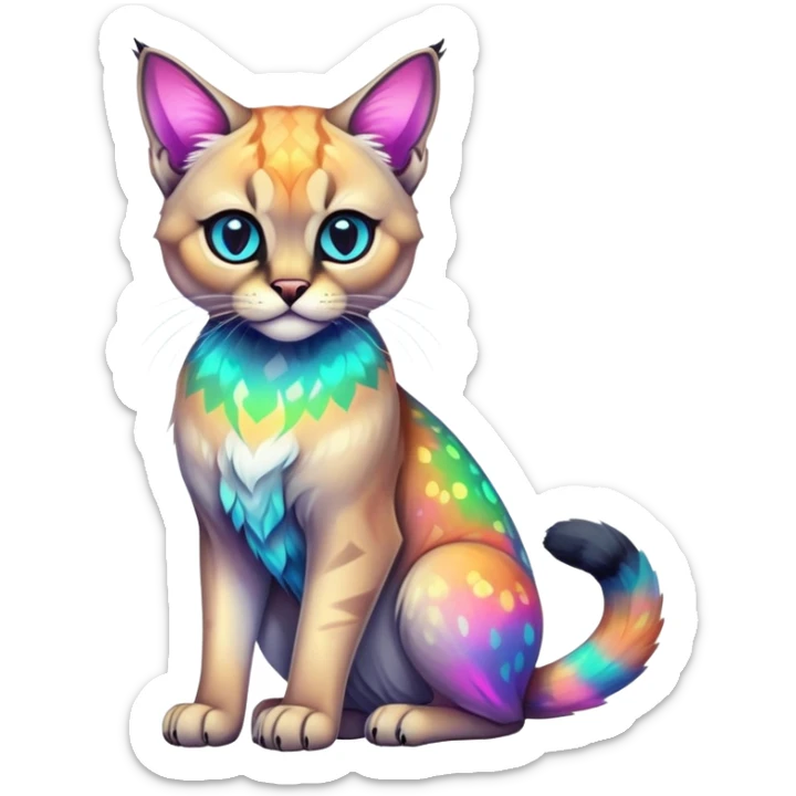 Colorful Neon Gothic exotic iridescent tropical shiny Fantasy-Siamese-Bobcat-Caracal-Scottish-Fold-feline-Fakémon-feline-hybrid (full body) sticker