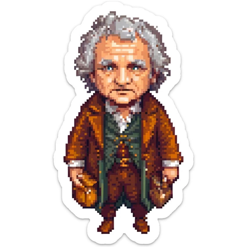 Whole body image of bilbo baggins from the lord of the rings the fellowship of the ring movie in pixel art style. Bilbo is old. Make Bilbo look like the actor that portrayed him in the movie, Ian Holm. sticker