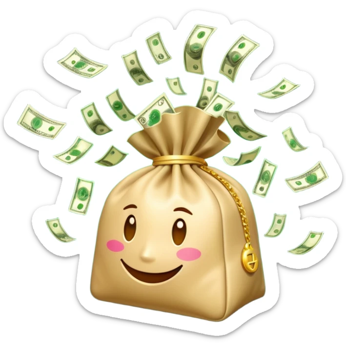 

3D emoji style, big bag of money, flying dollar bills, rich casino vibe, smooth lighting, high detail, clean edges, transparent background



 sticker