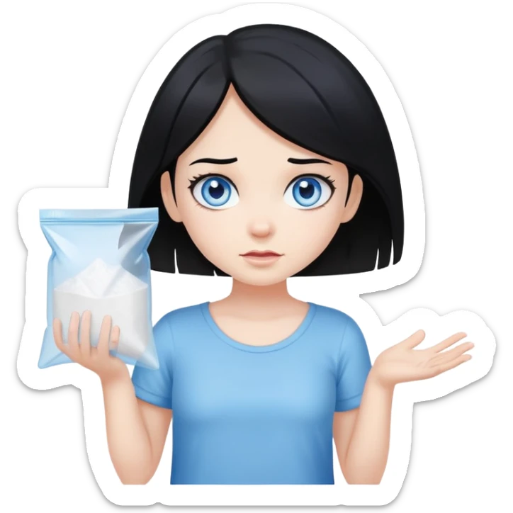 Black hair blue eye Girl shrugging holding a clear plastic bag with white powder sticker
