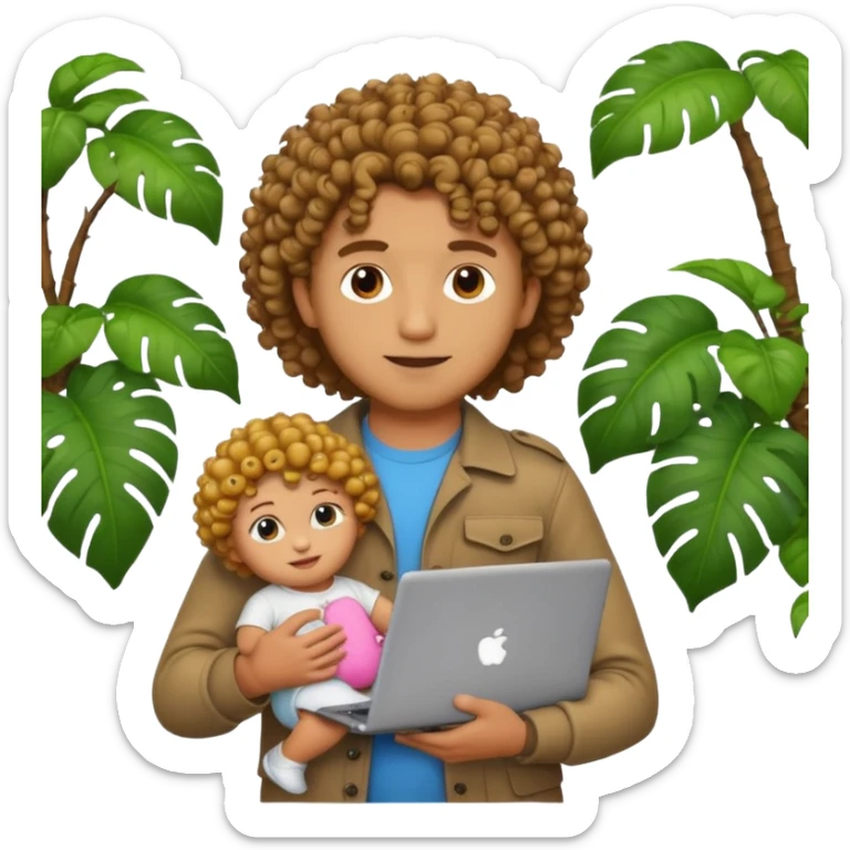 a guy with curly hair in the middle of the jungle holding a baby doll and a laptop, emoji style sticker