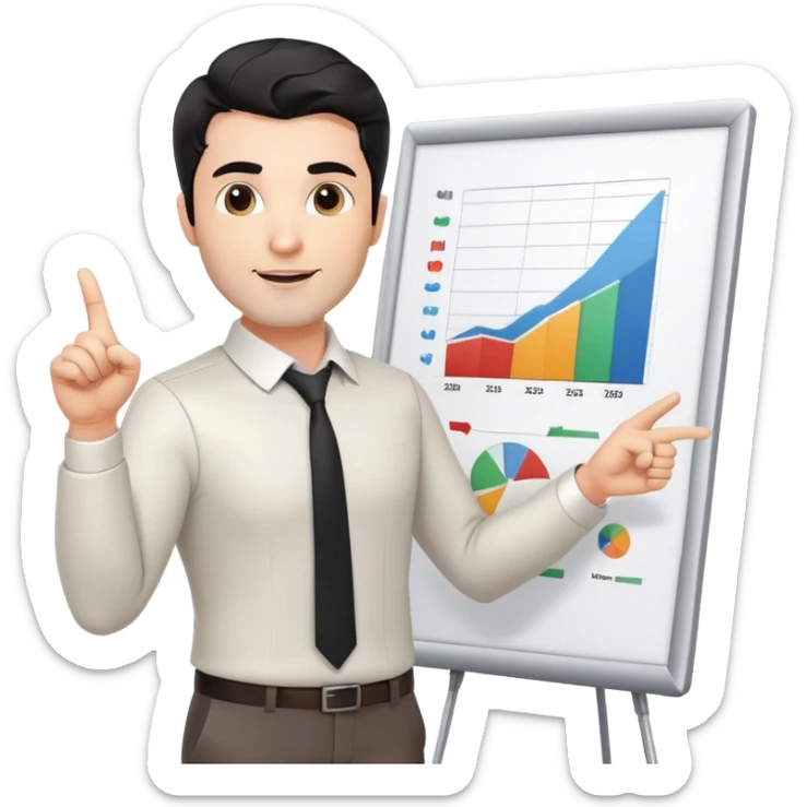 Professional 35-year-old man with black wavy hair, stubble, strong jawline, white skin tone, wearing smart casual business attire, standing and pointing at a presentation chart, teaching pose sticker