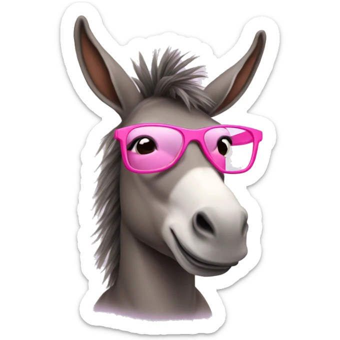 Donkey wearing a  pink tutu with long hair on its head and it's wearing pink glasses sticker