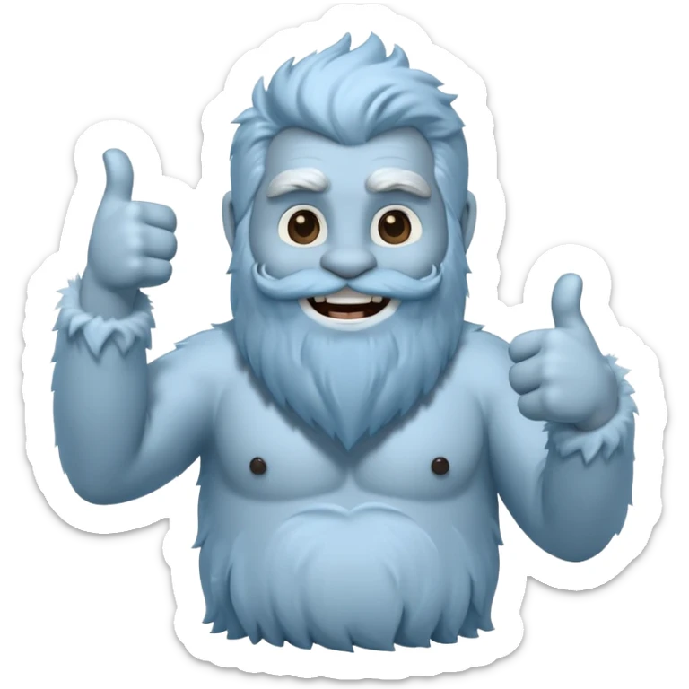yeti, full body, ice grey blue, full beard, full fur, thumbs up, smiling, winking sticker