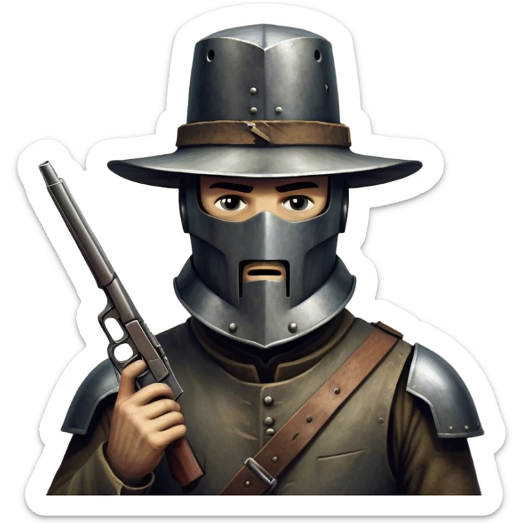 Cinematic Realistic Ned Kelly Portrait Emoji, depicted as the legendary Australian bushranger in his iconic homemade iron helmet and armor, gripping a revolver with a defiant stance. The scene is rendered with gritty textures and dramatic, shadowed lighting, evoking the lawless frontier and his rebellious, fearless legacy. sticker