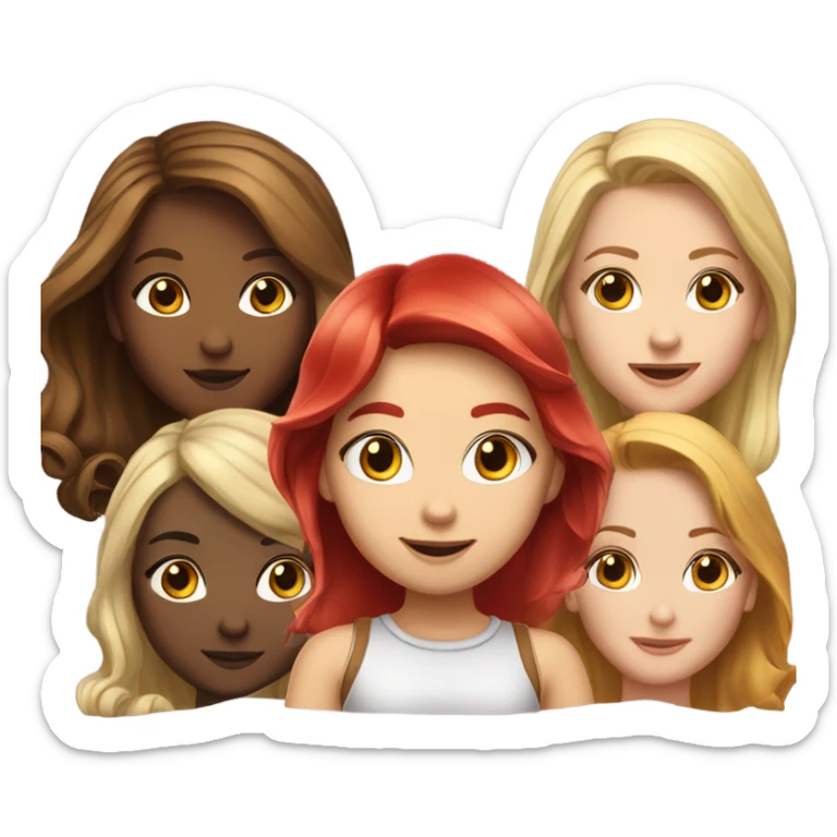 Hyper realistic Group of 5 beautiful girls. Girl 1- brown hair. Girl 2- black hair. Girl 3- redhead. Girl 4- golden hair. Girl 5- light blonde.  sticker