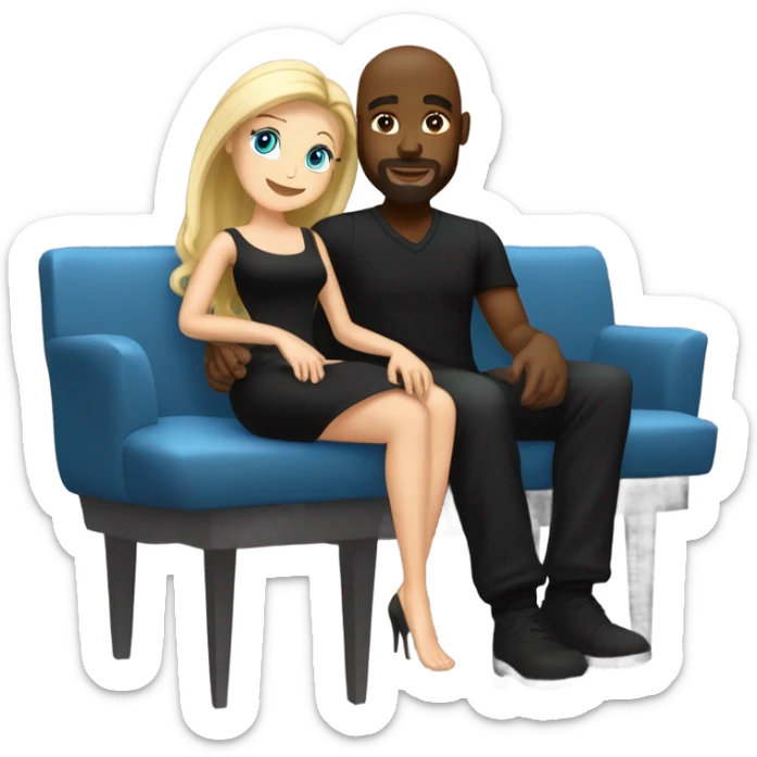 Blonde woman with blue eyes and long straight hair wearing a short black dress and a black man who is bald with a goatee seated together on a sofa enjoying a passionate embrace.   sticker