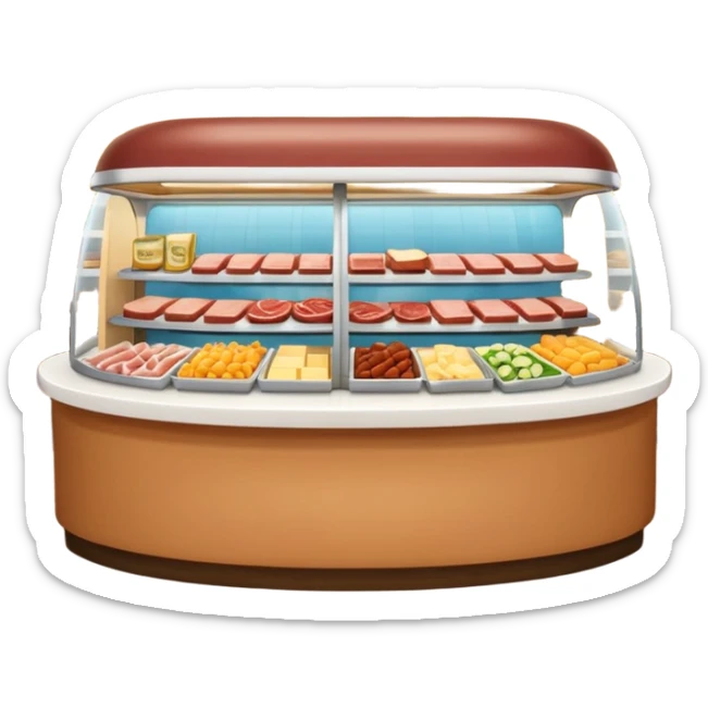A 3D cartoon deli counter filled with meats, cheeses, and salads, bright lighting, Memoji-style realism. sticker
