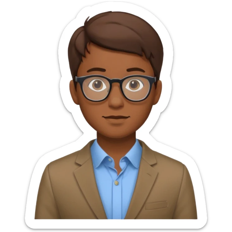 a man in his early 20s wearing glasses for a tech company, his job is marketer, extroverted, brown hair sticker
