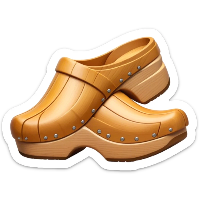 Cinematic Realistic Wooden Clogs Emoji, depicting the classic handcrafted footwear with a smooth, curved design and sturdy wooden soles, rendered with rich textures and warm, natural lighting. sticker