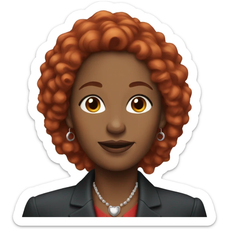 Black middle-aged woman with long red curly hair, dressed in professional attire, and wearing earrings sticker