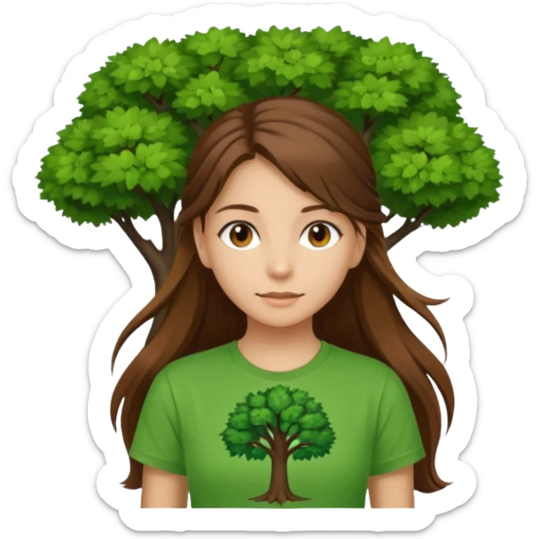 Make a zumba coach emoji, brown eyes, brown hair girl, long ponytail,green t shirt with a tree logo on It sticker
