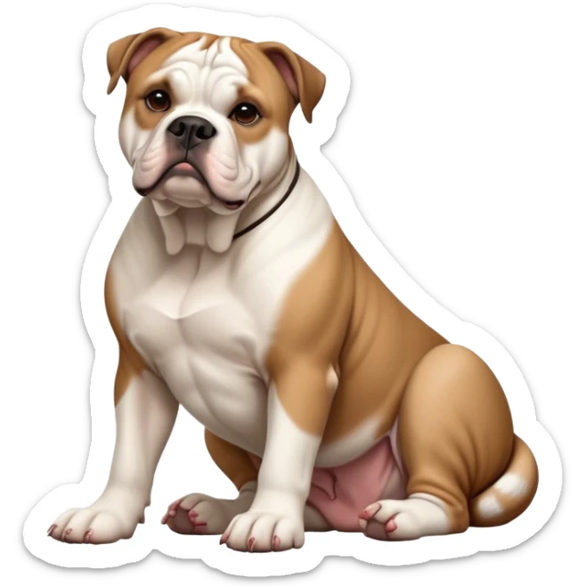 cinematic-[american bulldog]-realistic-full-body-sitting-emoji,-tail-resting-loosely-beside-its-paws,-head-tilted-dramatically,-sleek-[brown fawn]-fur,-simplified-yet-realistic-focused-features,-highly-detailed,-glowing-with-an-almost-sarcastic-glow sticker