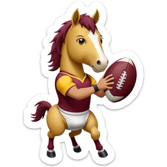 Angry horse wearing maroon and yellow jersey hold white rugby ball sticker