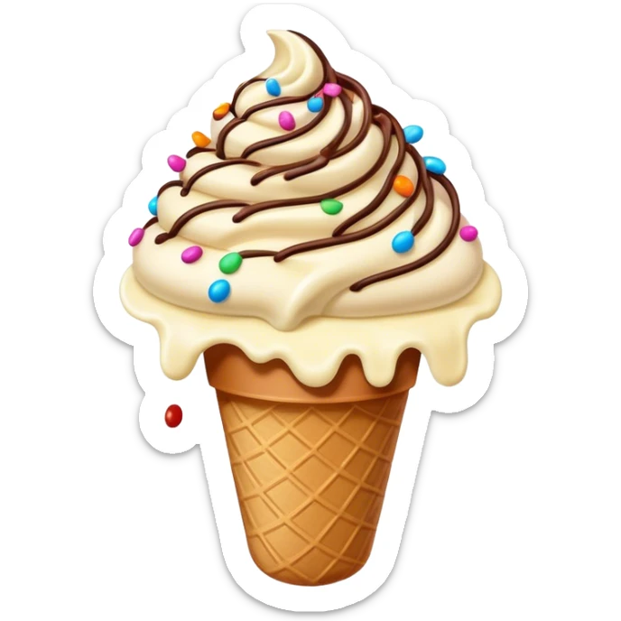 Cinematic scoop of rich, creamy ice cream, slightly melting, smooth swirls of chocolate and vanilla, colorful sprinkles on top, warm glowing background, playful and inviting. sticker