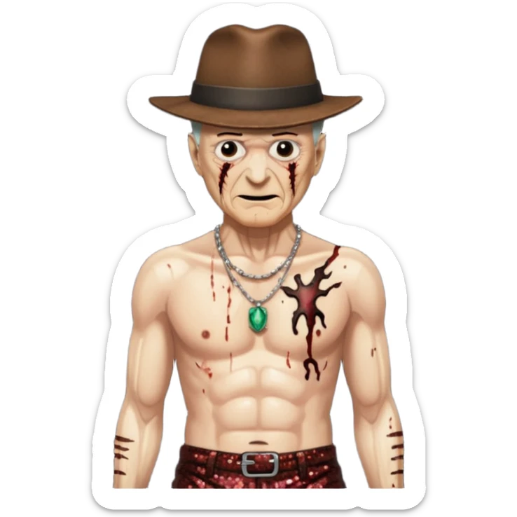 Freddy Krueger with burned skin, dark brown sequin baggy pants, shirtless with necklace sticker
