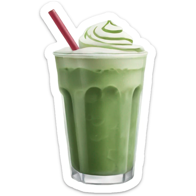 iced matcha latte in a glass and dark green traditional no whipped cream on top & a straw sticker
