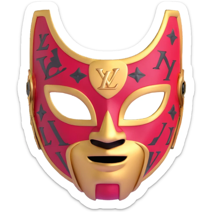 high fashion Louis Vuitton luchador mask with gold LV logos and luxury leather texture sticker