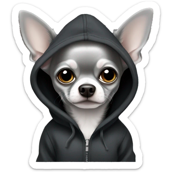Dark Grey light grey long hair chihuahua dog in a black hoody sticker