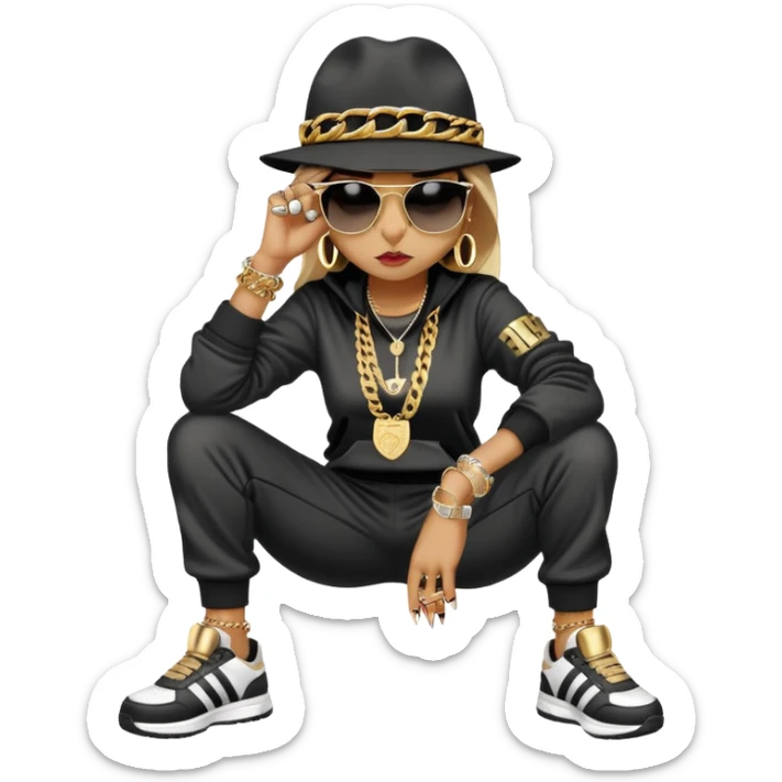 female cat wearing Run DMC hip-hop outfit with tracksuit, fedora, Adidas sneakers, dark sunglasses, many gold chains, rings, bracelets, flashy earrings, fallen down with distressed expression sticker