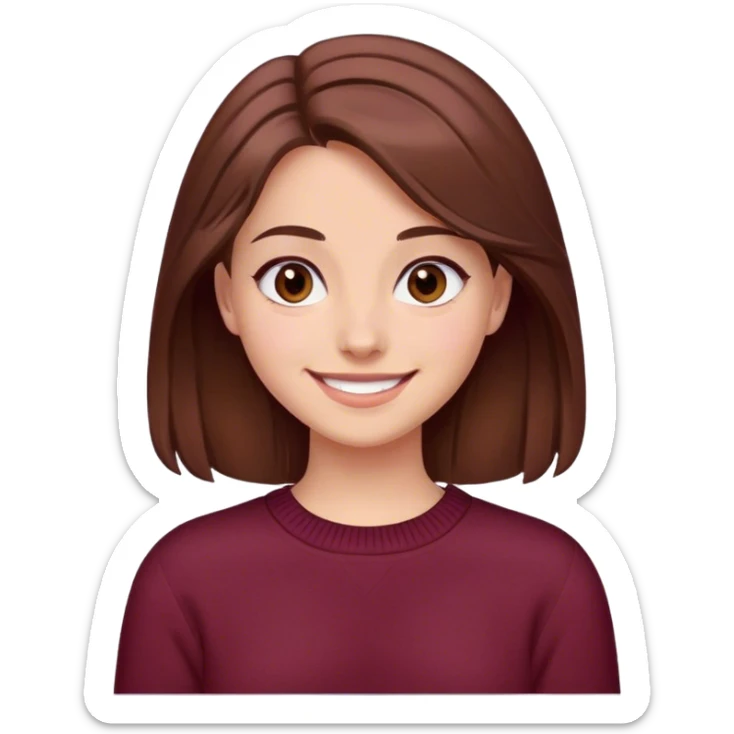A girl with brown hair smiles, gray-brown eyes, wearing a burgundy sweater. sticker