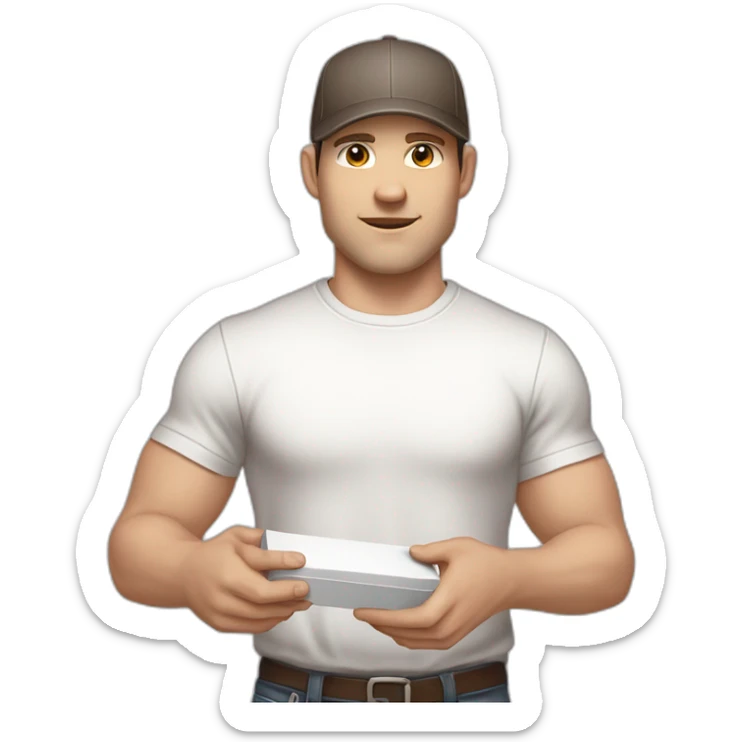 Pale skinned fit Man with dark brown hair in a light gray cap, dark brown jeans, brown polo and white T-shirt keeping a pasted with tape white box into his hands sticker