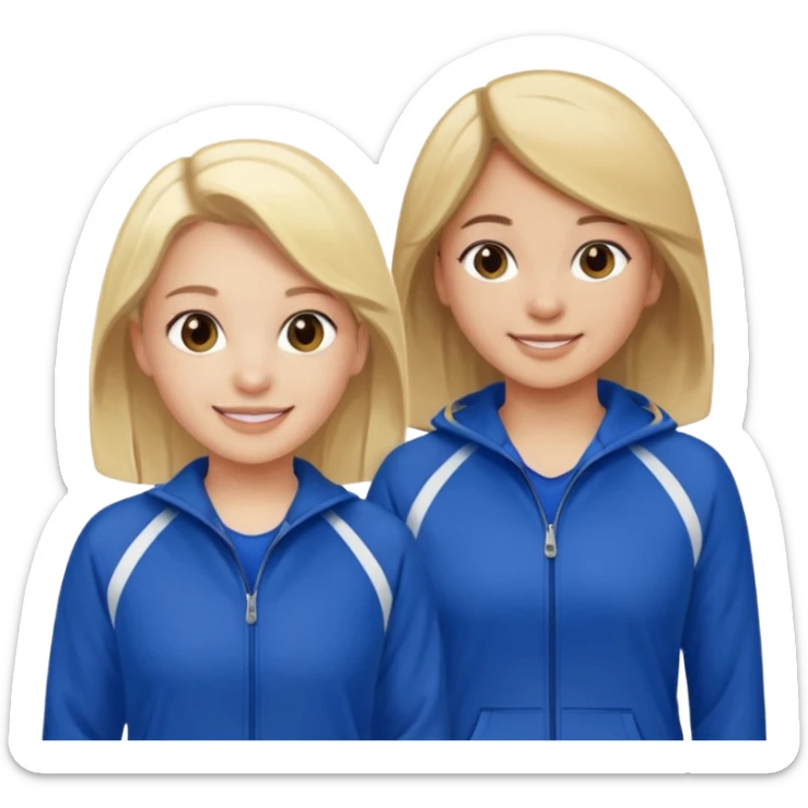 two girls smiling one has blond hair and one is has dark brown hair they are wearing royal blue track suits sticker