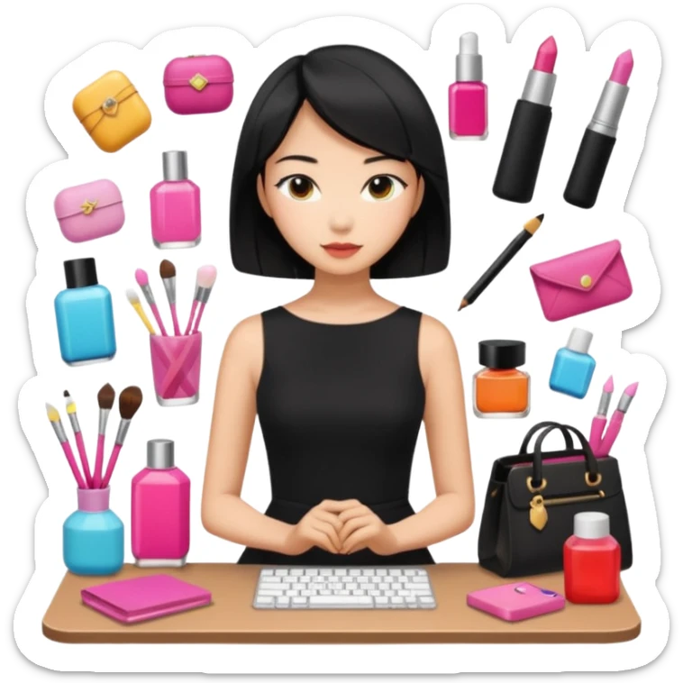 asian black short shoulder length hair tanned woman, black dress girly things sticker