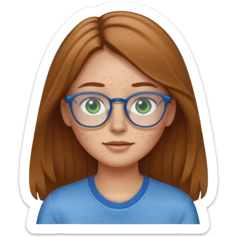 Create an emoji of a girl with light brown hair long length hair, green eyes, freckles, glasses and wearing a blue shirt sticker