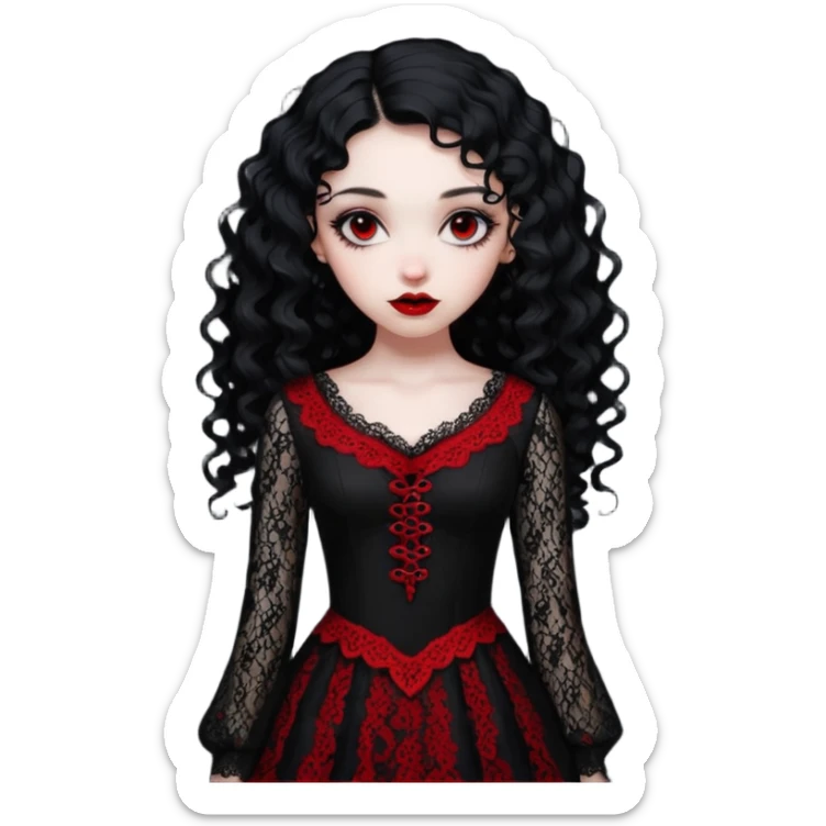 A girl with a red goth vampire look in a black and red goth lace dress with long sleeves and long black curly hair bold look on her face sticker