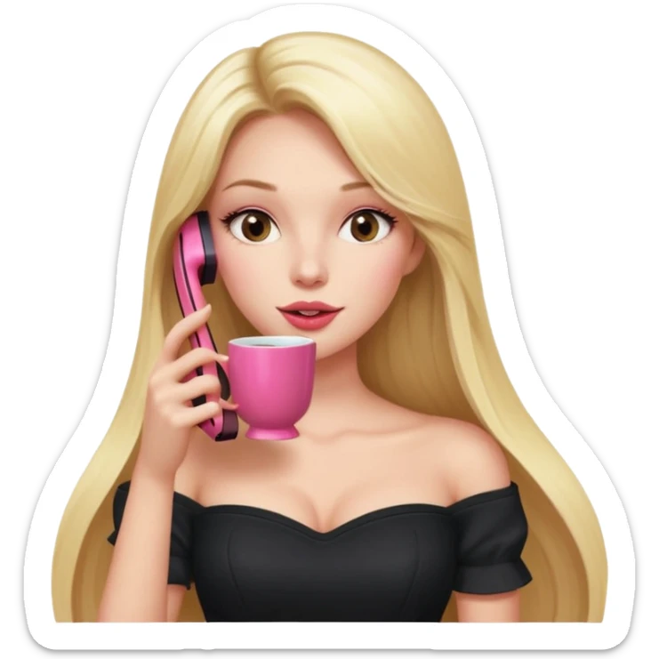exaggerated features of woman with straight long blond hair, gossiping on a pink analogue phone, holding a tea cup, wearing an off-shoulder black top, red face sticker