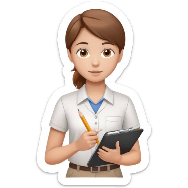 Intern or volunteer with brown hair holding a clipboard and pencil, ready to take notes or assist. The character wears a simple shirt and has an eager posture sticker