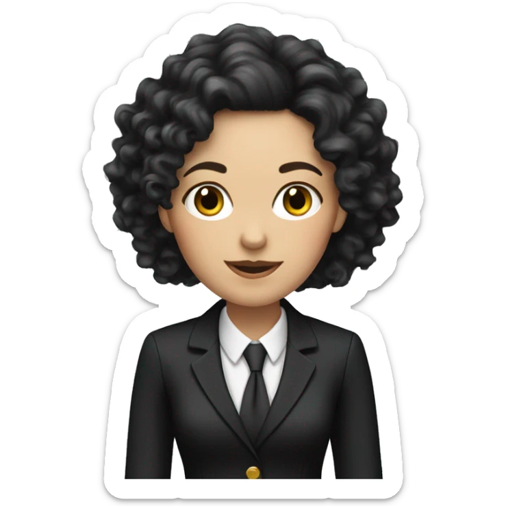 corporate white woman, long black curly hair, with a phone, black blazer  sticker