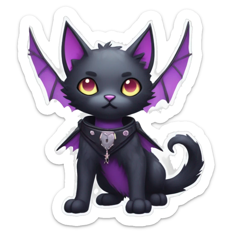   cool edgy kawaii ethereal dark-punk-themed animal vampiric cat-hybrid Fakemon with fangs and bat-wing-ears with a collar full body sticker