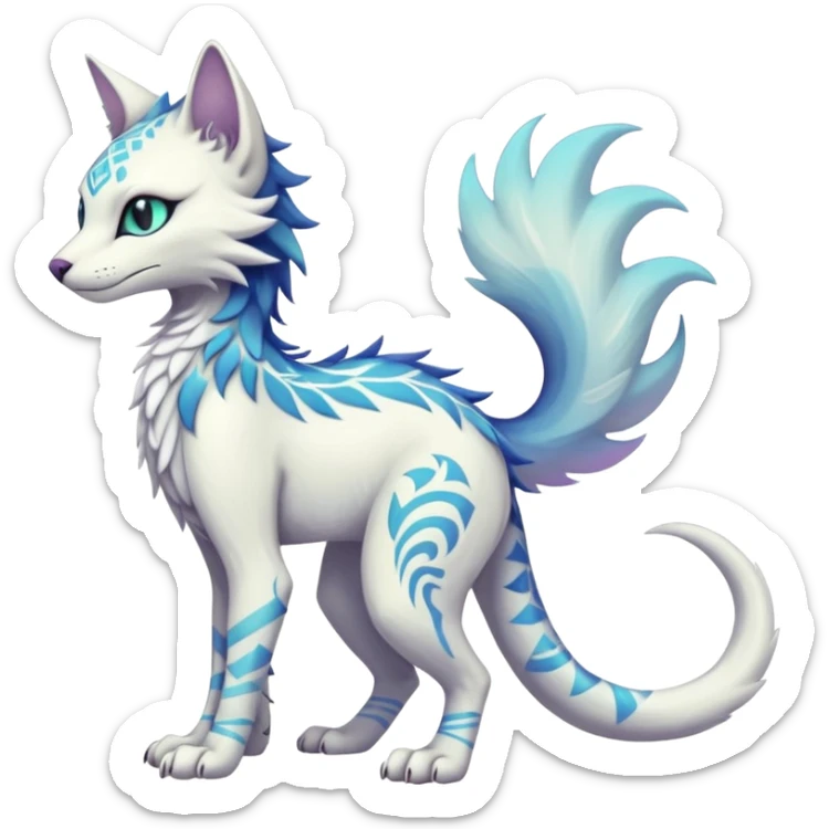 Kawaii white iridescent edgy cute cool fantasy feline-vernid-sergal-fursona animal creature with a tufted tail full body with intricate tribal markings  sticker